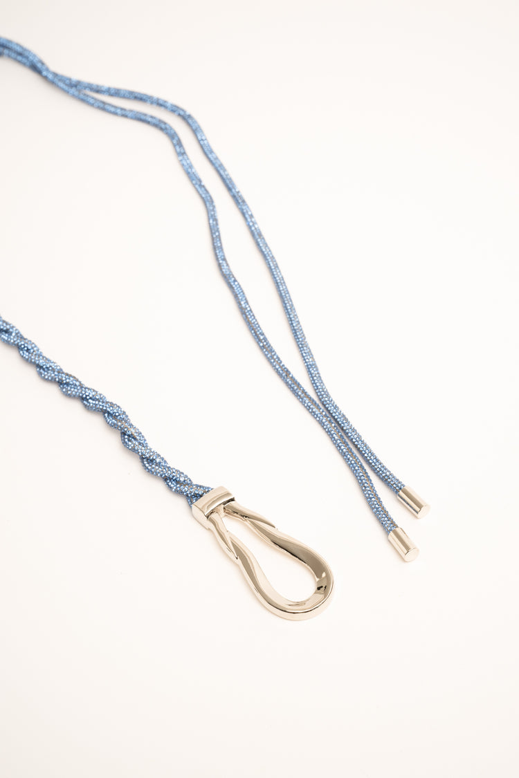 Sky blue rhinestone-embellished thin ring woven belt