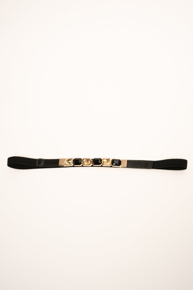 Golden stone-embellished black elastic slim belt