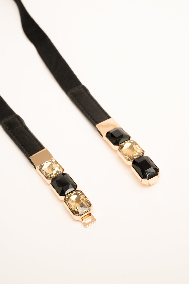 Golden stone-embellished black elastic slim belt