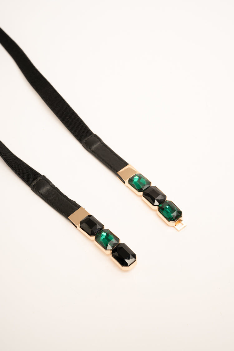 Green stone-embellished black elastic slim belt