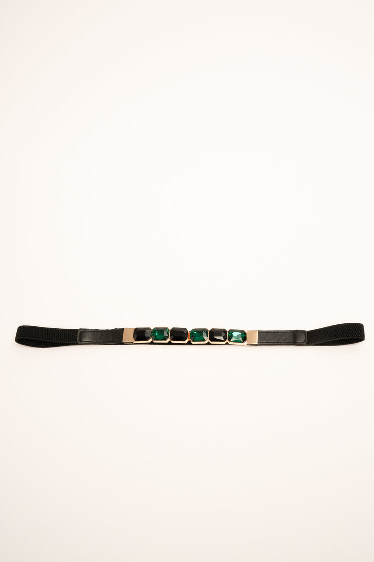 Green stone-embellished black elastic slim belt