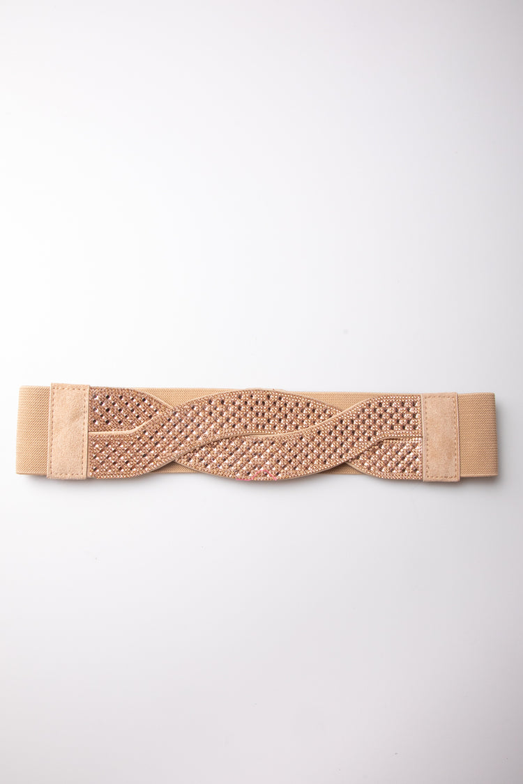 Rhinestoned woven-motif elastic belt