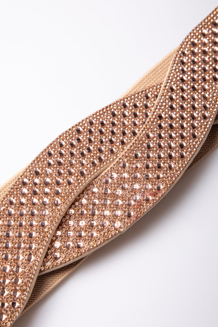 Rhinestoned woven-motif elastic belt