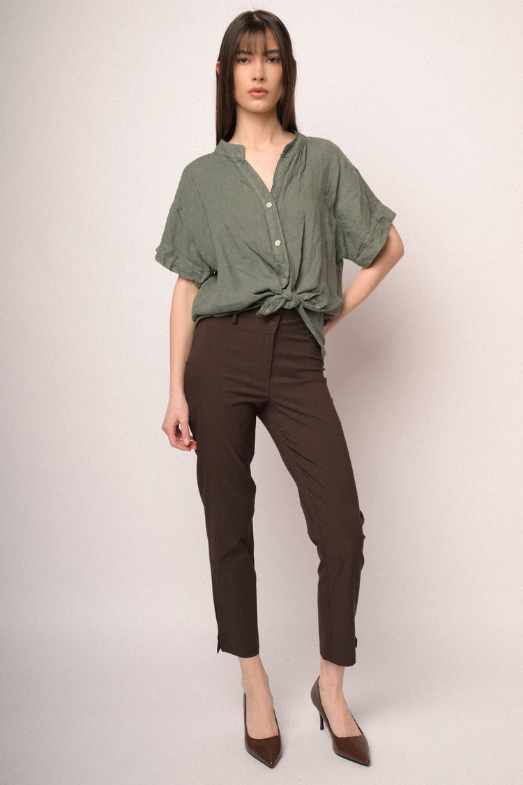 Chocolate viscose-blend slim-fit trousers