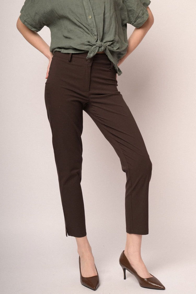 Chocolate viscose-blend slim-fit trousers