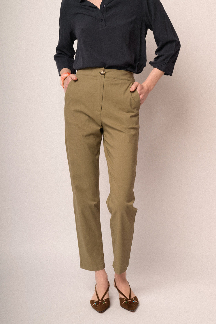 Olive green straight-leg high-rise trousers