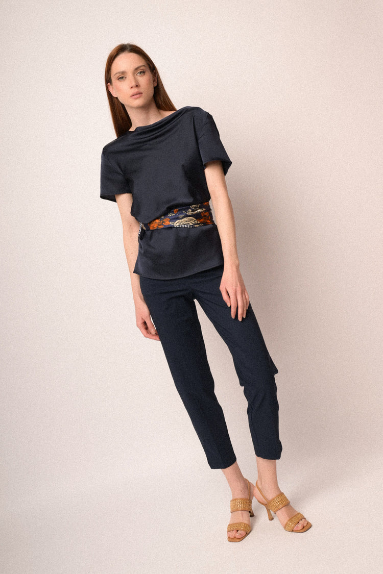 Blue viscose-blend split slim-fit trousers