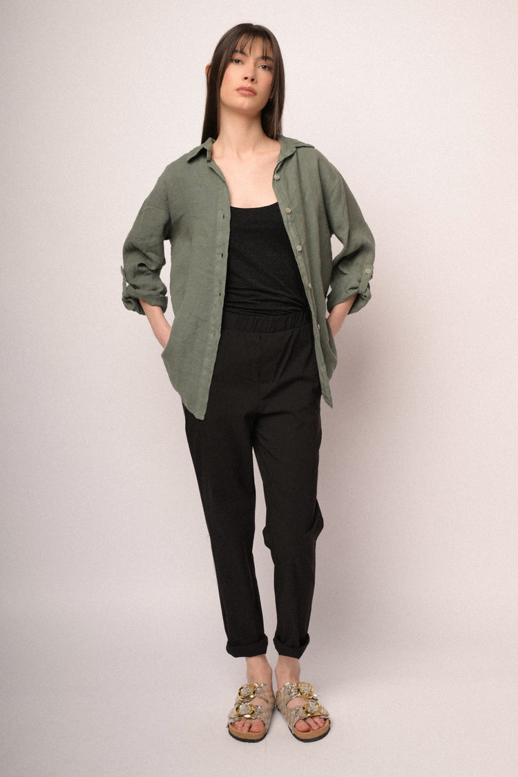 Black viscose-blend turn-up baggy trousers