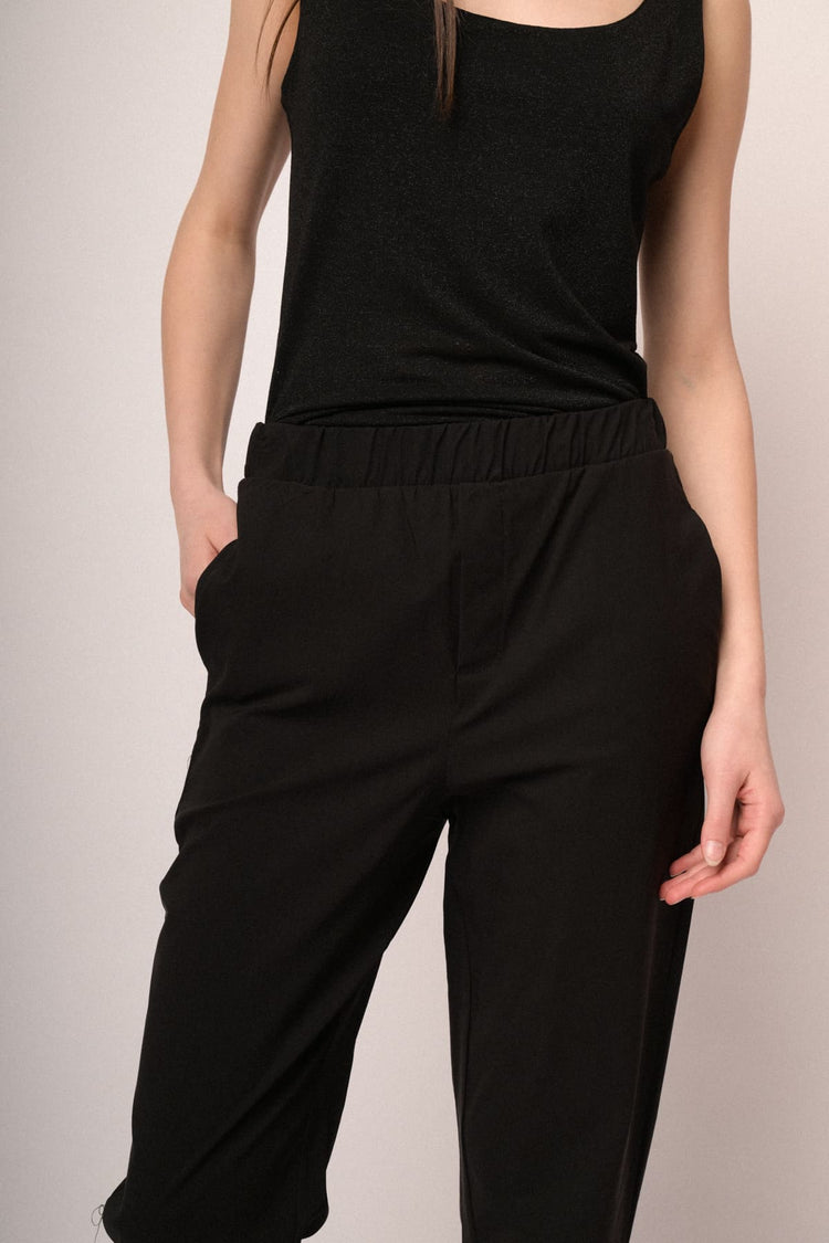 Black viscose-blend turn-up baggy trousers