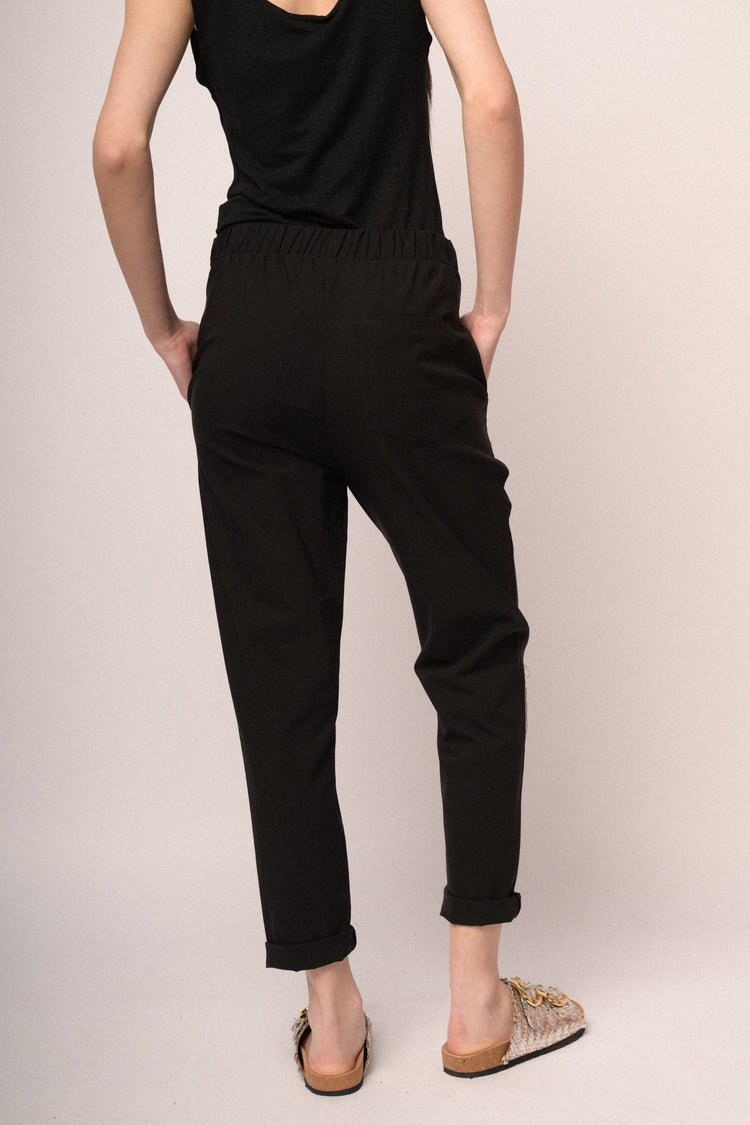 Black viscose-blend turn-up baggy trousers