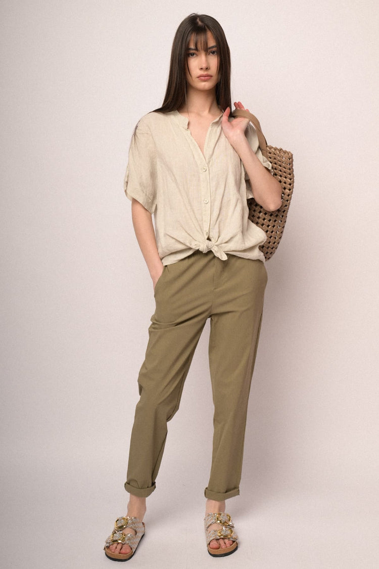 Khaki viscose-blend turn-up baggy trousers