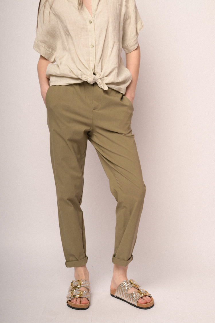 Khaki viscose-blend turn-up baggy trousers