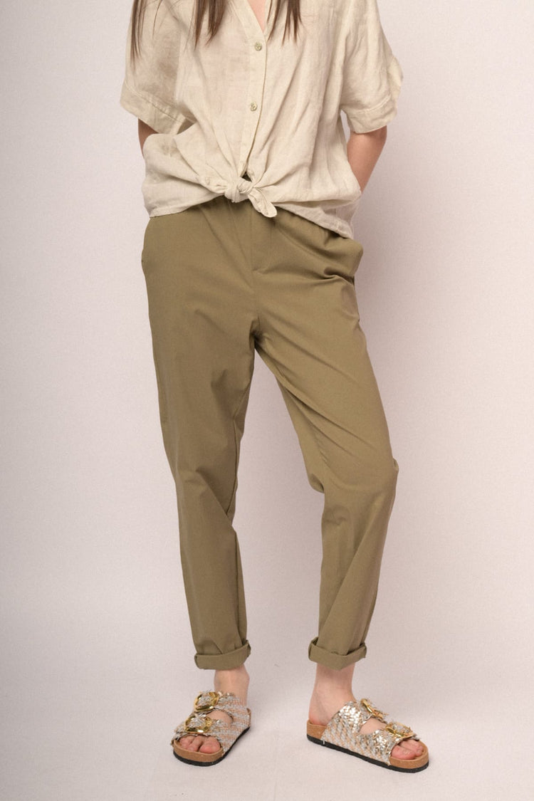 Khaki viscose-blend turn-up baggy trousers