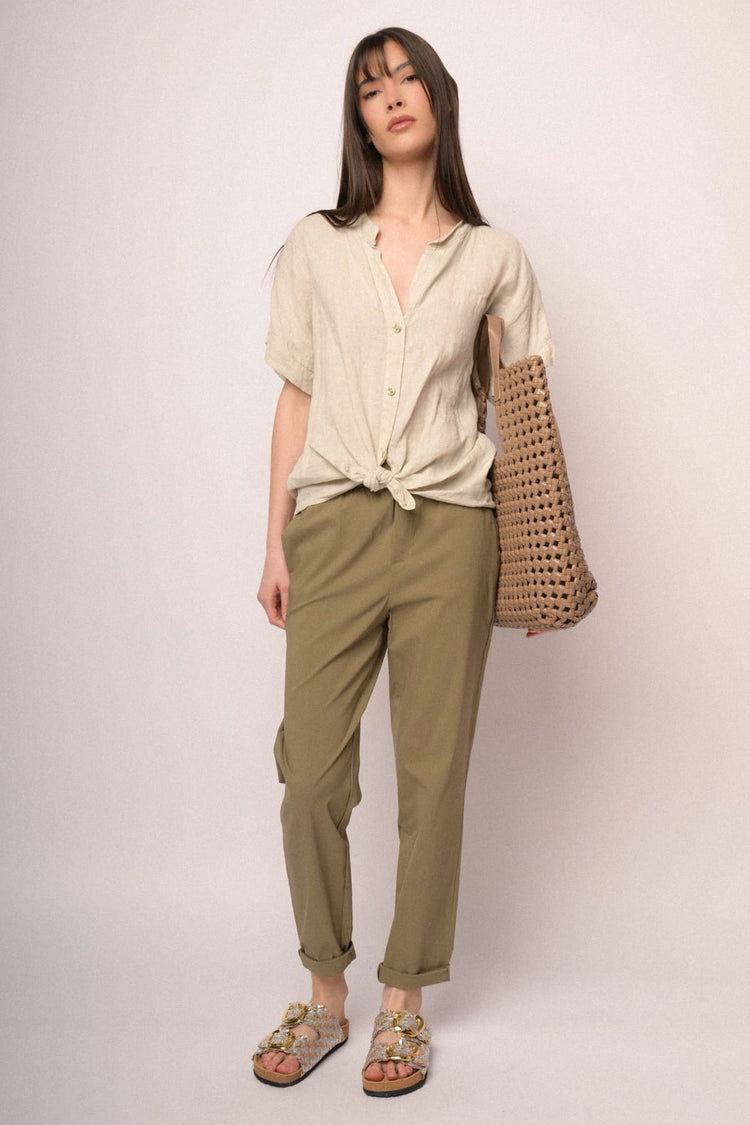 Khaki viscose-blend turn-up baggy trousers