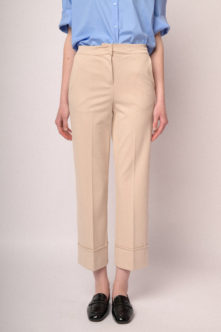 Beige viscose-blend  turn-up straight-leg trousers