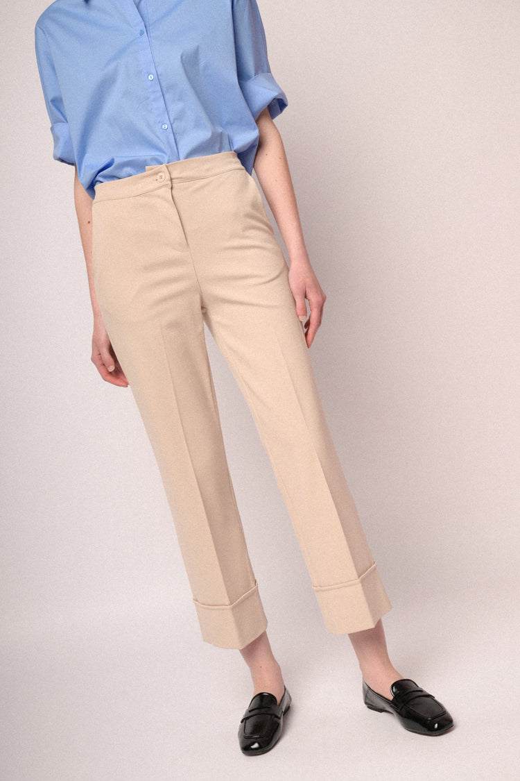 Beige viscose-blend  turn-up straight-leg trousers