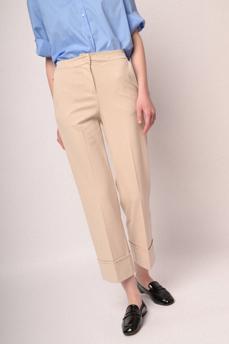 Beige viscose-blend  turn-up straight-leg trousers