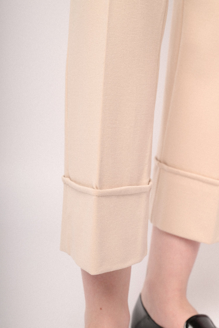 Beige viscose-blend  turn-up straight-leg trousers
