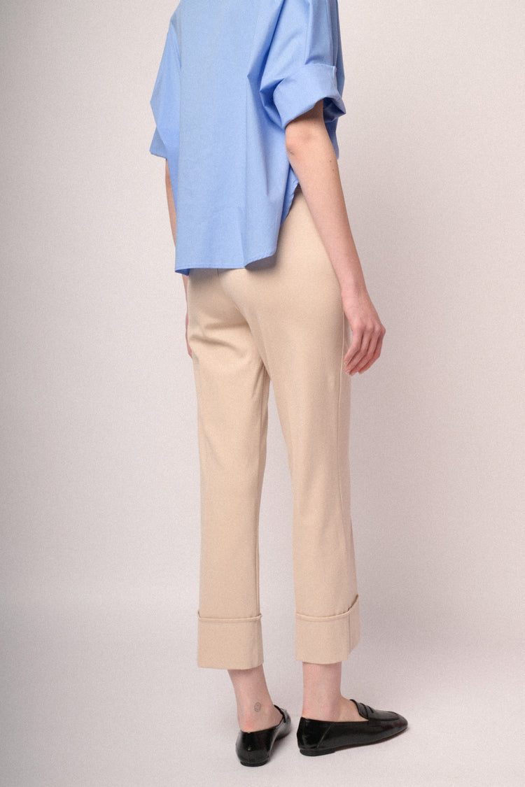 Beige viscose-blend  turn-up straight-leg trousers