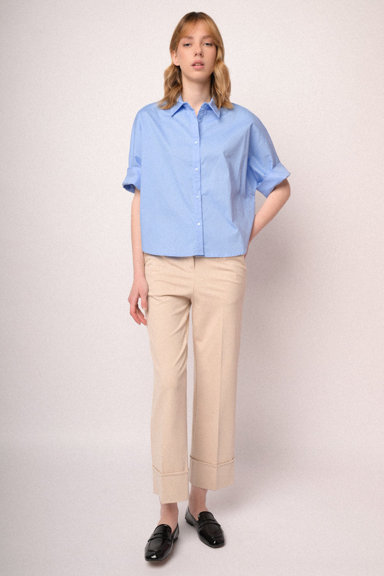 Beige viscose-blend  turn-up straight-leg trousers