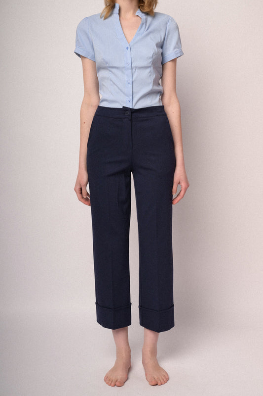 Navy blue viscose-blend  turn-up straight-leg trousers