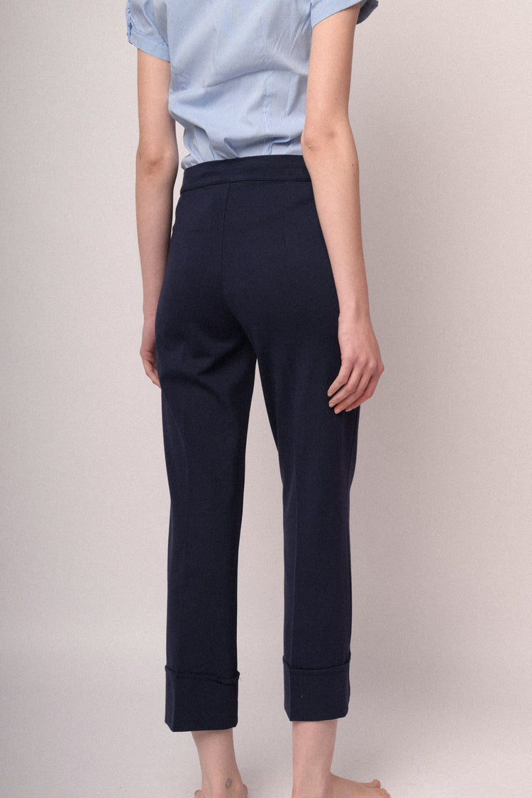 Navy blue viscose-blend  turn-up straight-leg trousers