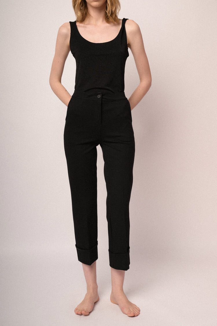 Black viscose-blend  turn-up straight-leg trousers