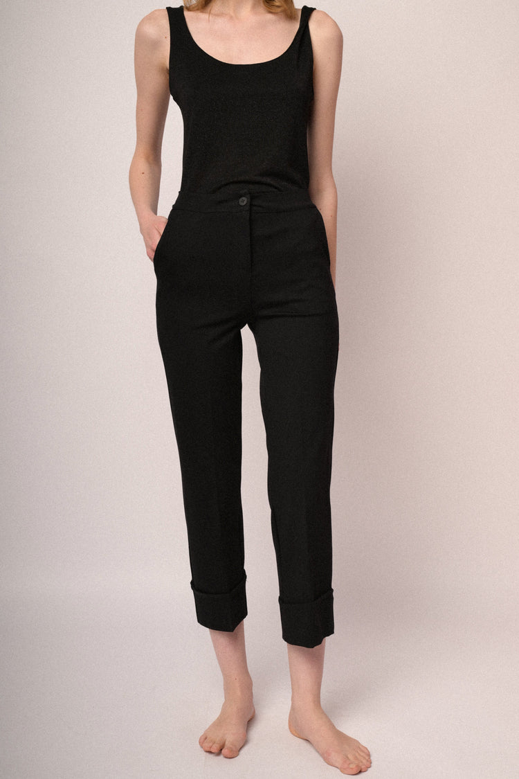 Black viscose-blend  turn-up straight-leg trousers