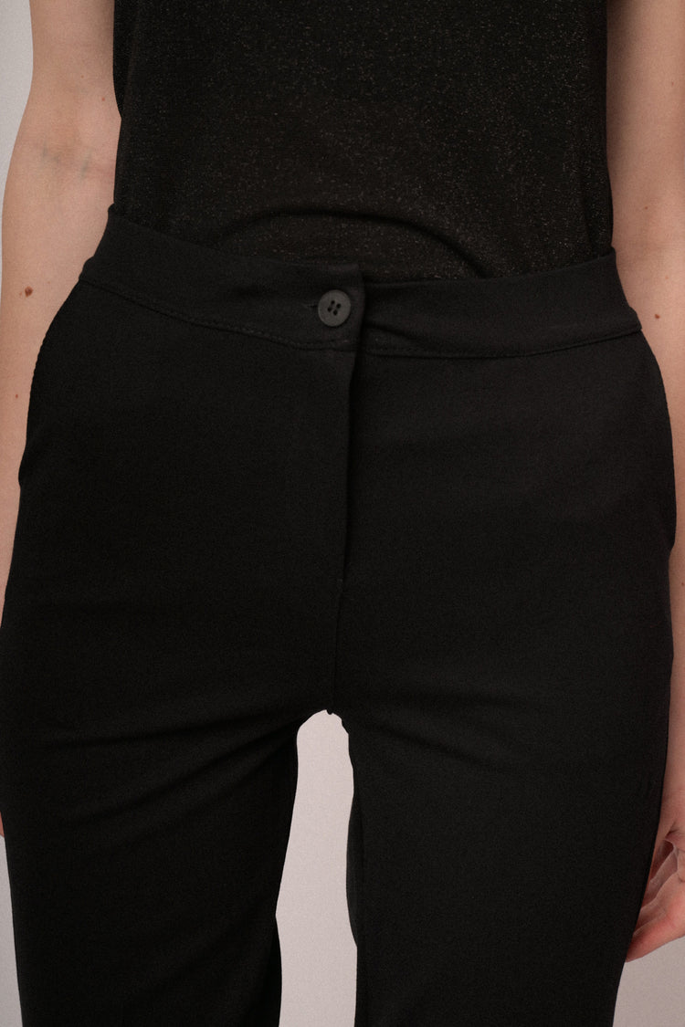 Black viscose-blend  turn-up straight-leg trousers