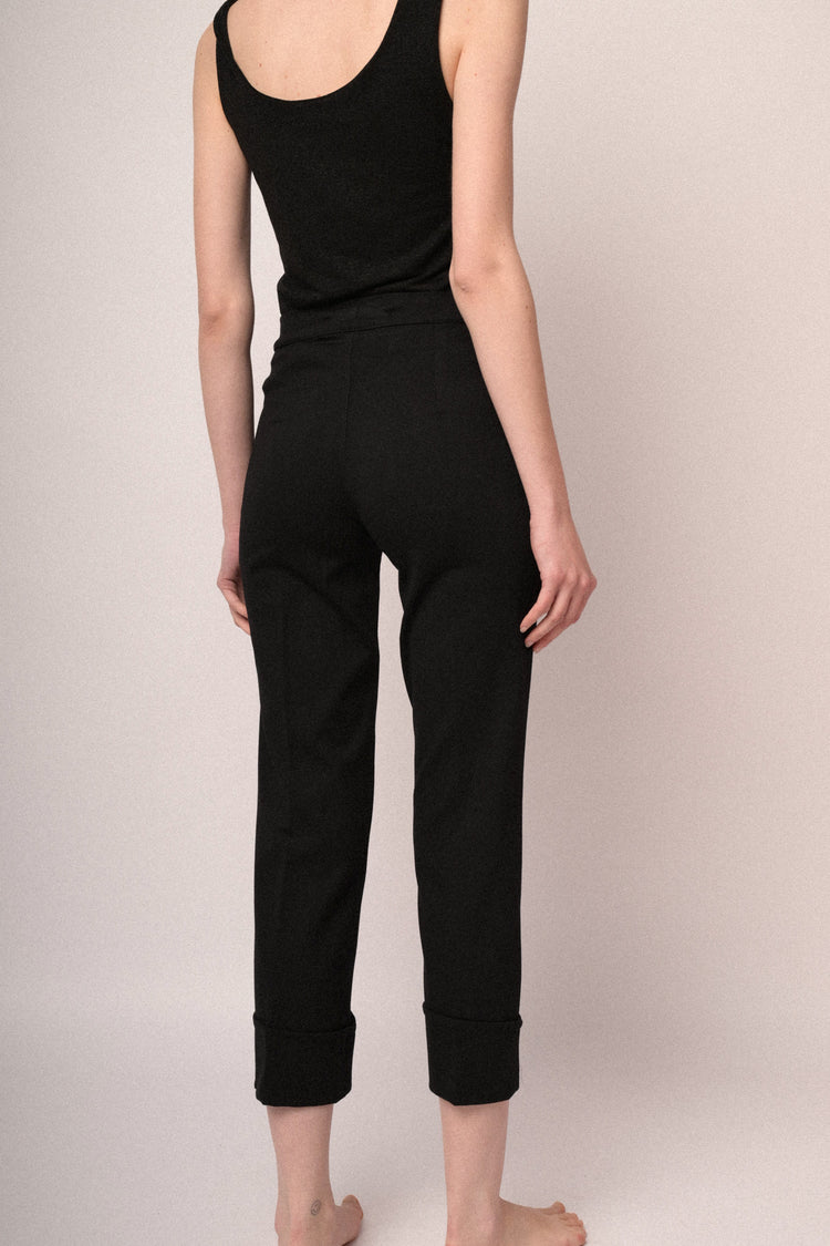 Black viscose-blend  turn-up straight-leg trousers