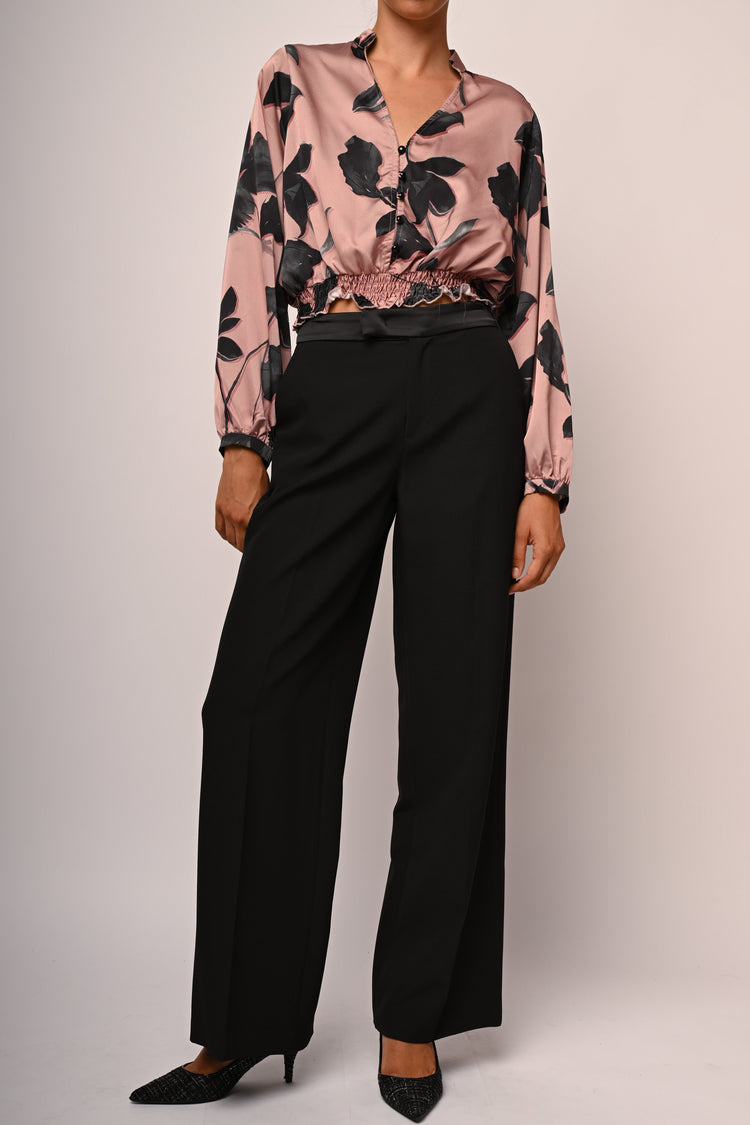 Satin waistband wide-leg trousers