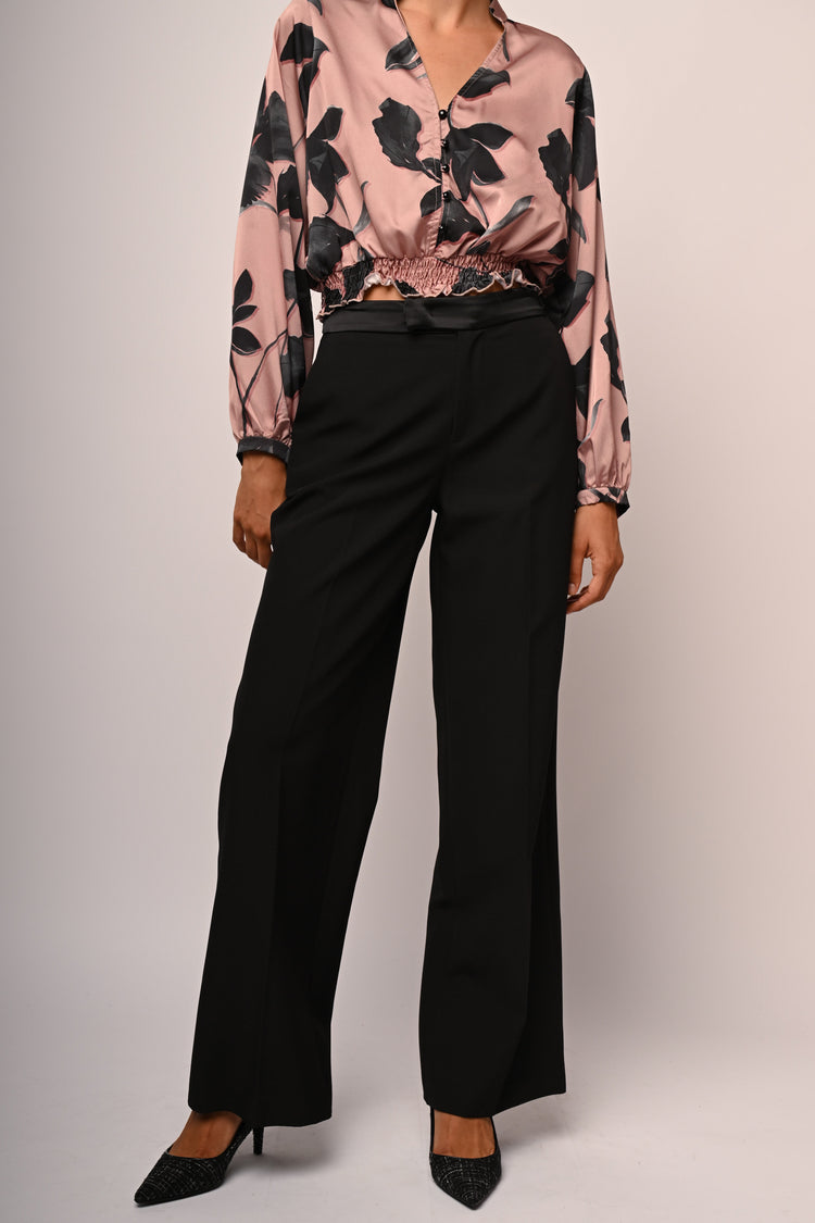 Satin waistband wide-leg trousers