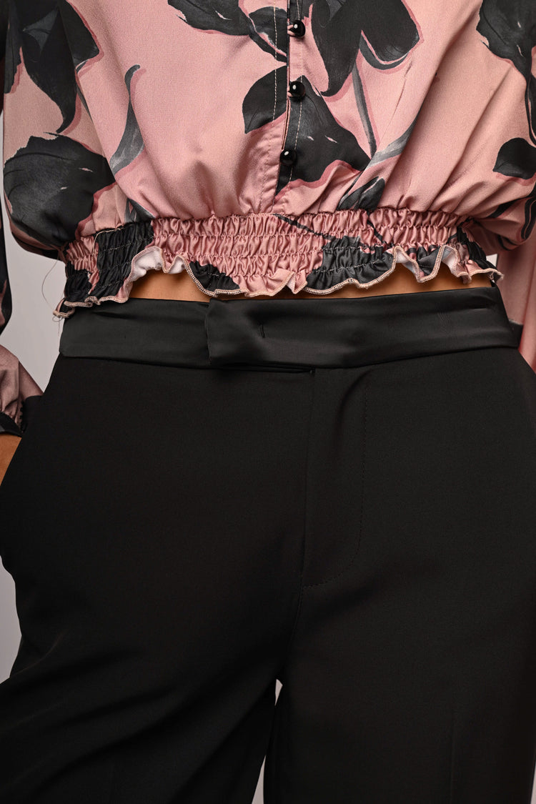 Satin waistband wide-leg trousers