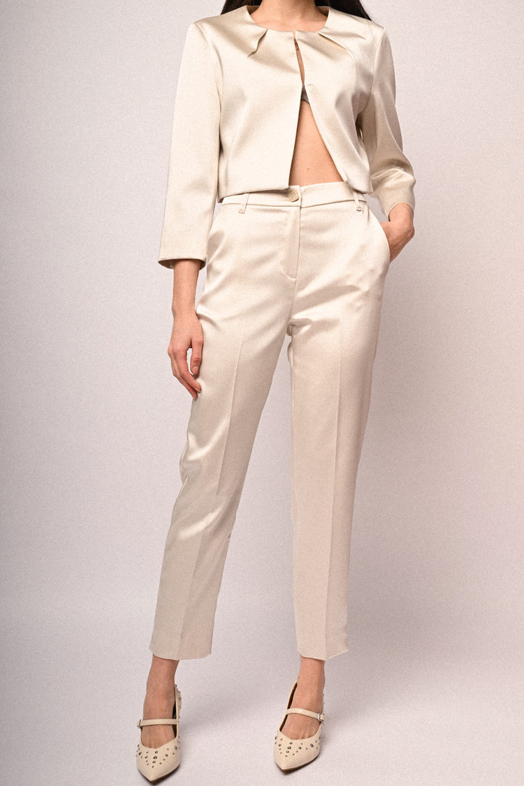 Jewel-button satin trousers