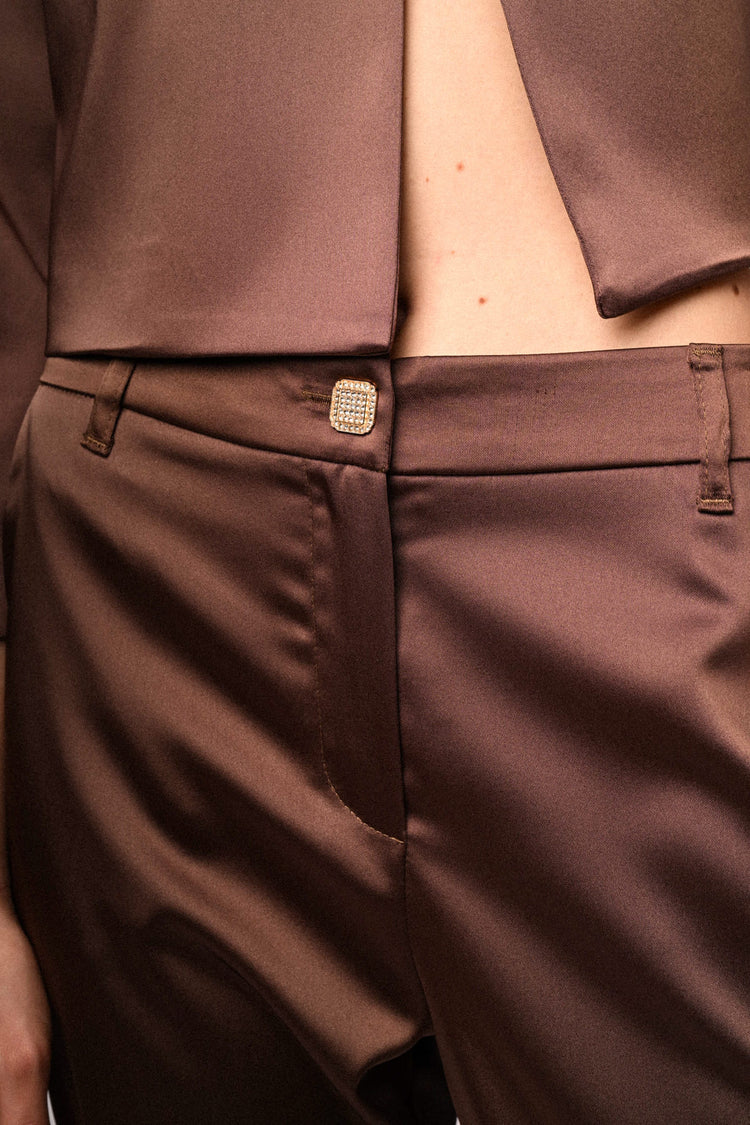 Jewel-button satin trousers