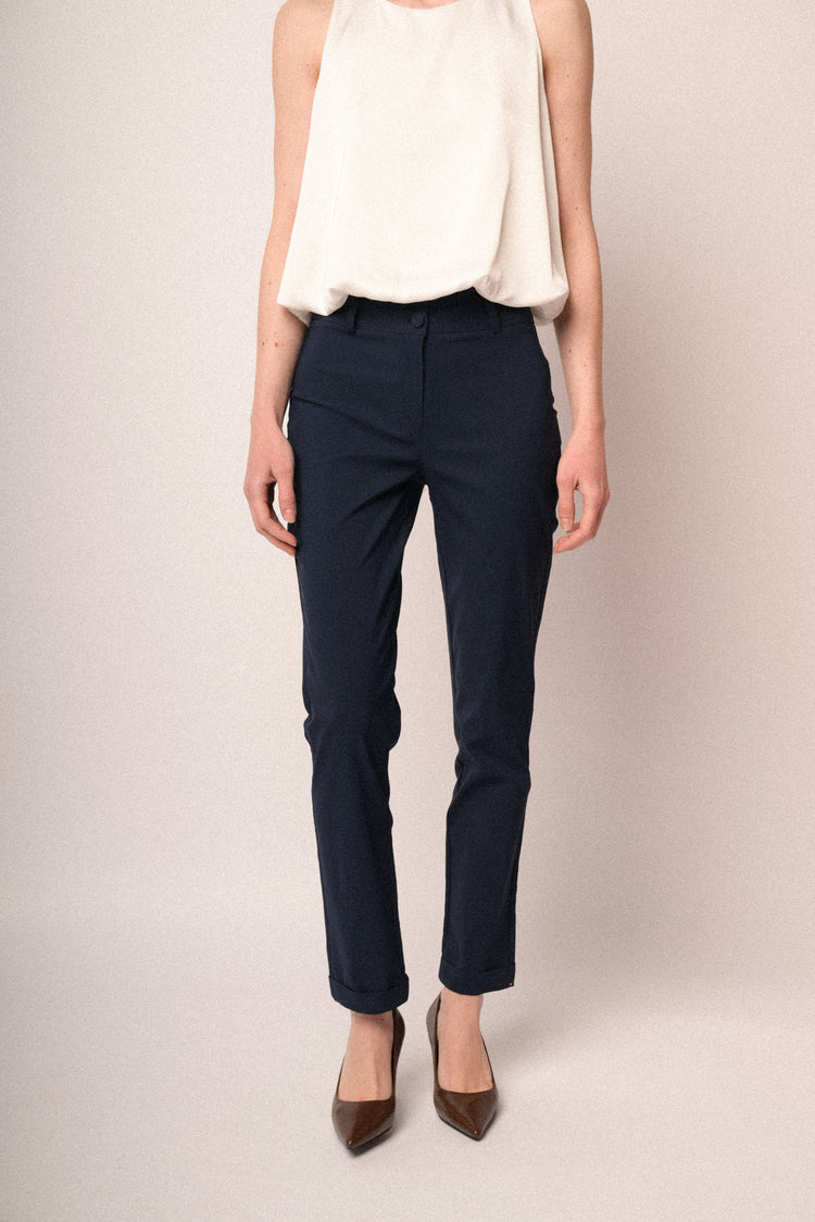 Blue viscose-blend tun-up slim-fit trousers
