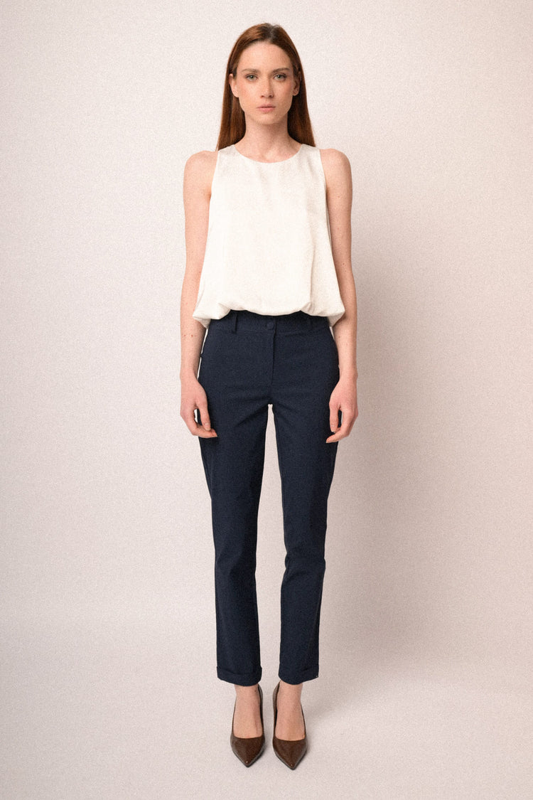 Blue viscose-blend tun-up slim-fit trousers