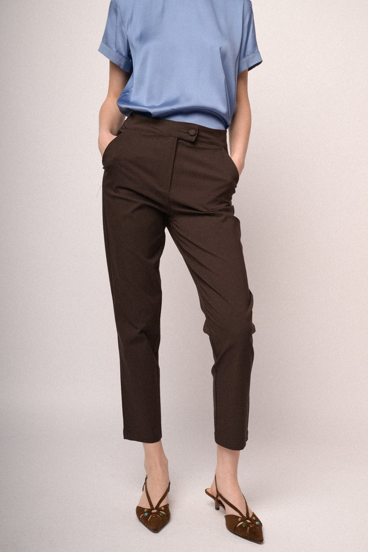 Chocolate viscose-blend slim-fit trousers