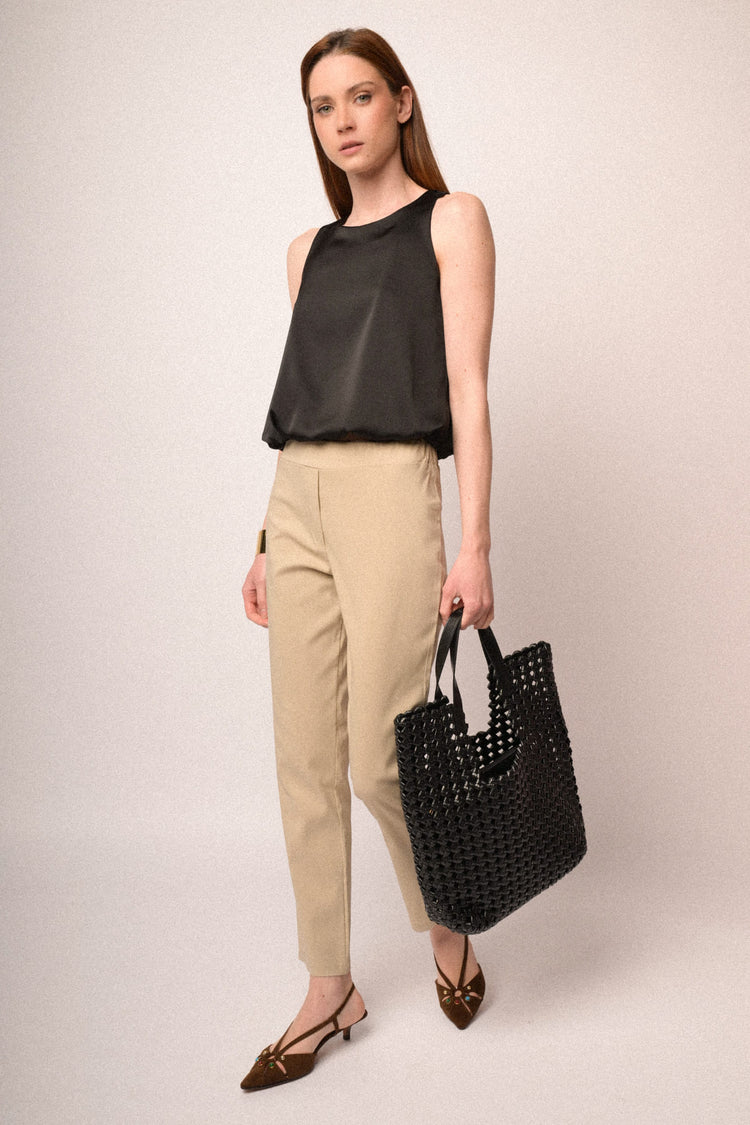 Beige viscose-blend push-up trousers