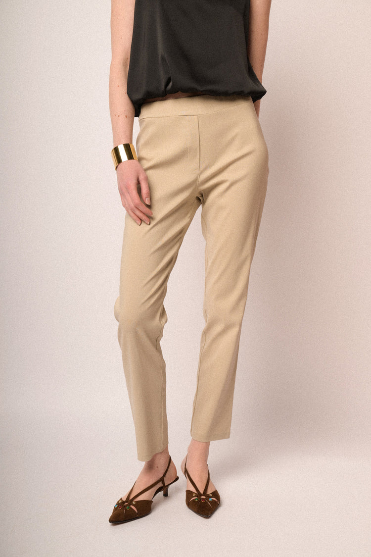 Beige viscose-blend push-up trousers