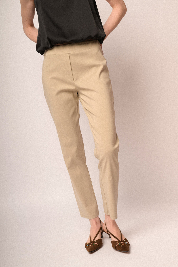 Beige viscose-blend push-up trousers