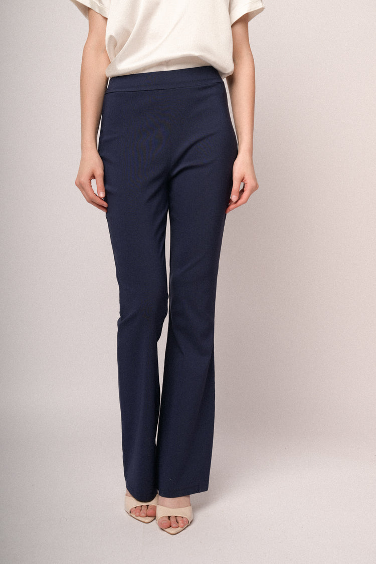 Blue viscose-blend flared-leg trousers