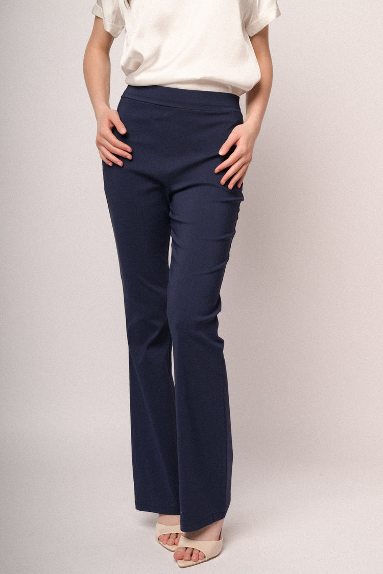 Blue viscose-blend flared-leg trousers