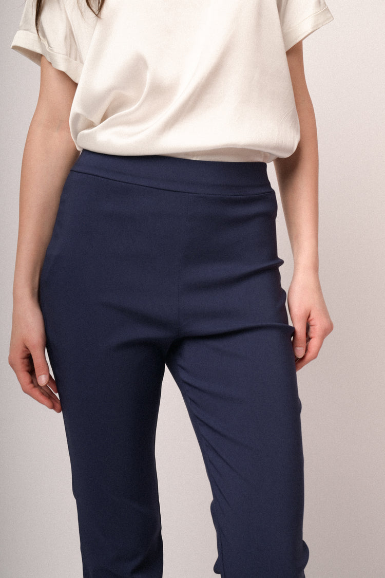 Blue viscose-blend flared-leg trousers