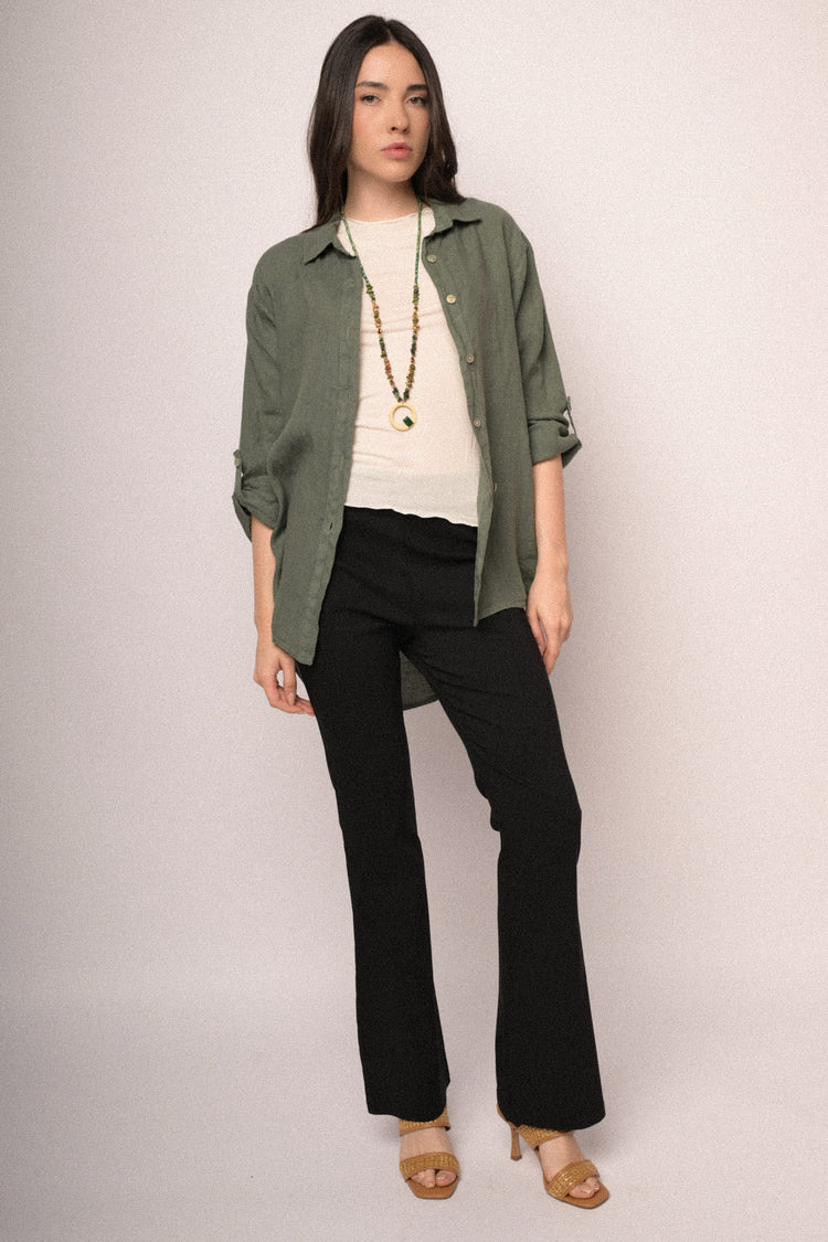Black viscose-blend flared-leg trousers