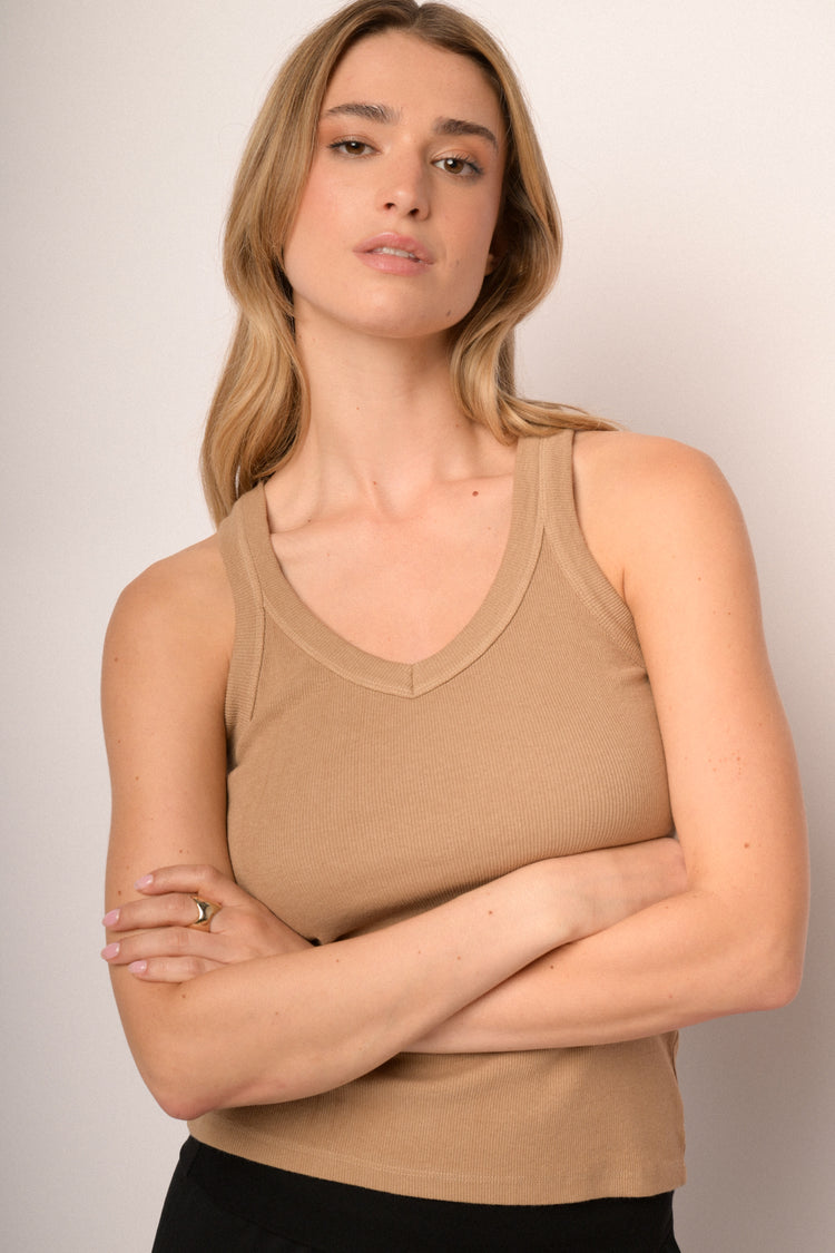 Beige ribbed knit cotton tank top