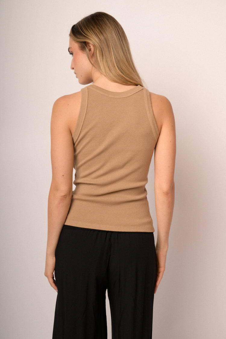 Beige ribbed knit cotton tank top