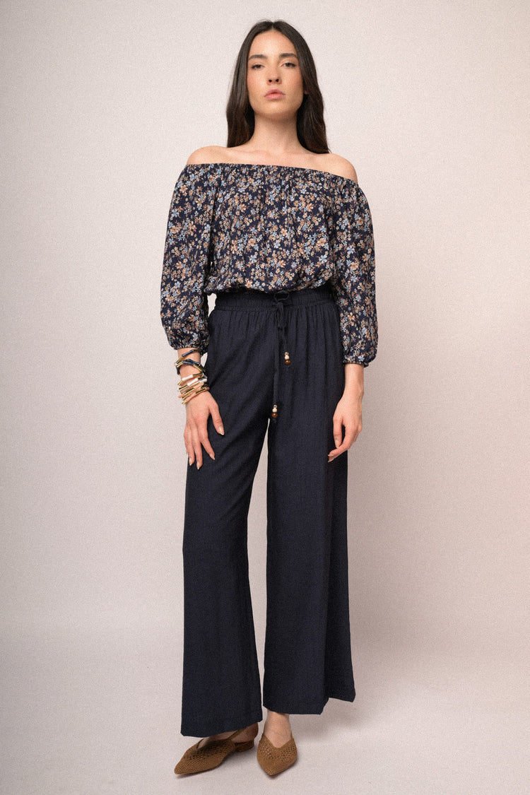 Blue viscose elasticated waistband wide-leg trousers