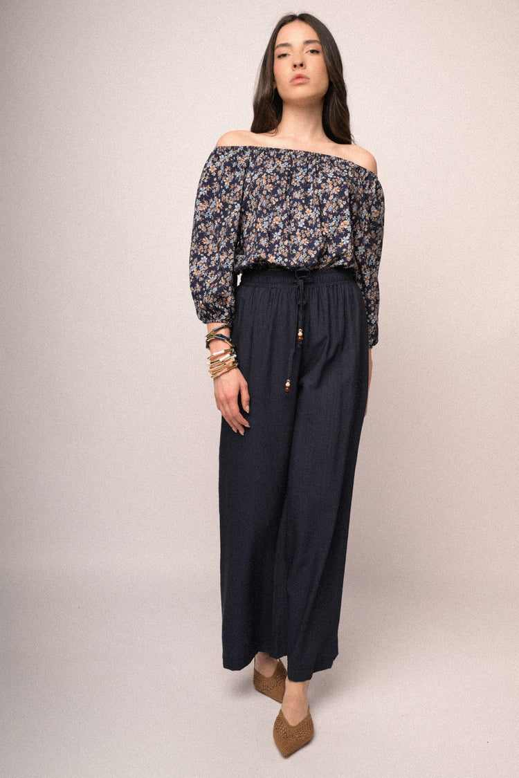 Blue viscose elasticated waistband wide-leg trousers