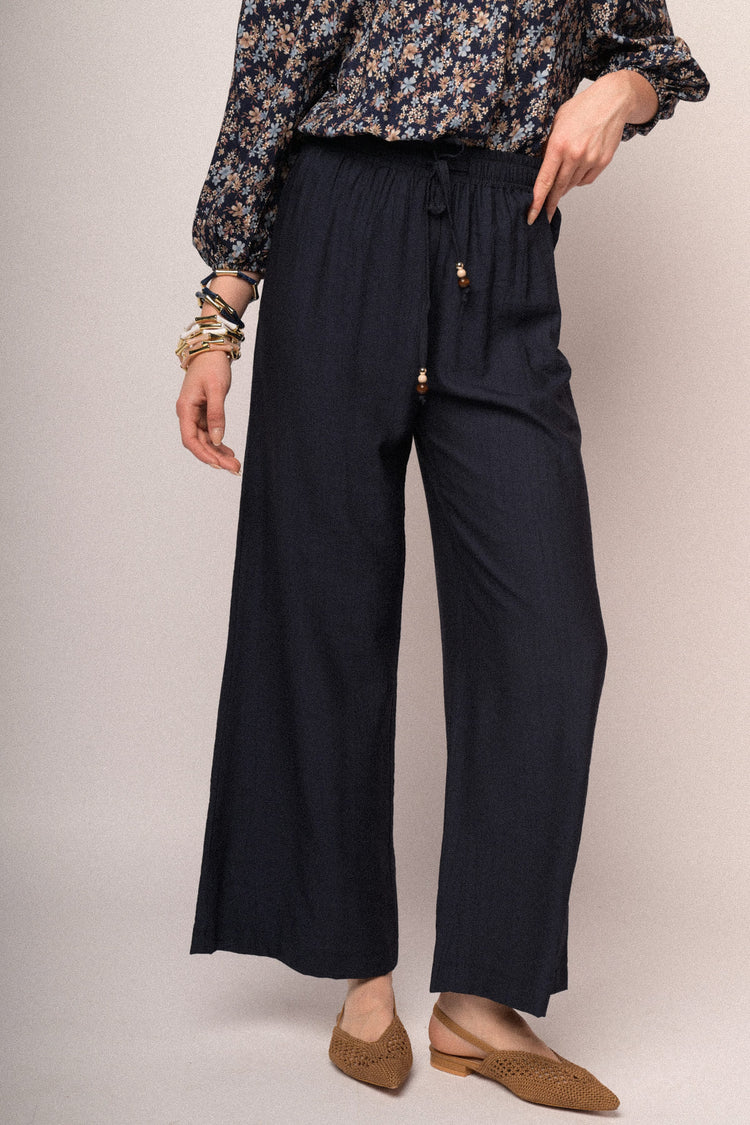 Blue viscose elasticated waistband wide-leg trousers